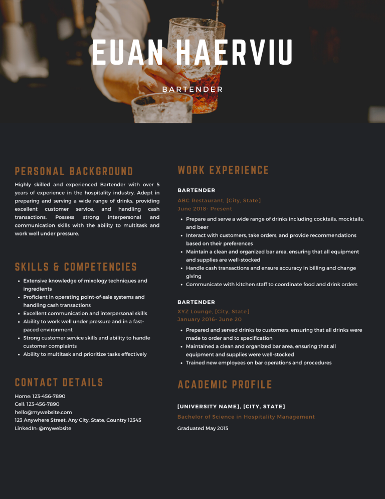 bartender resume example