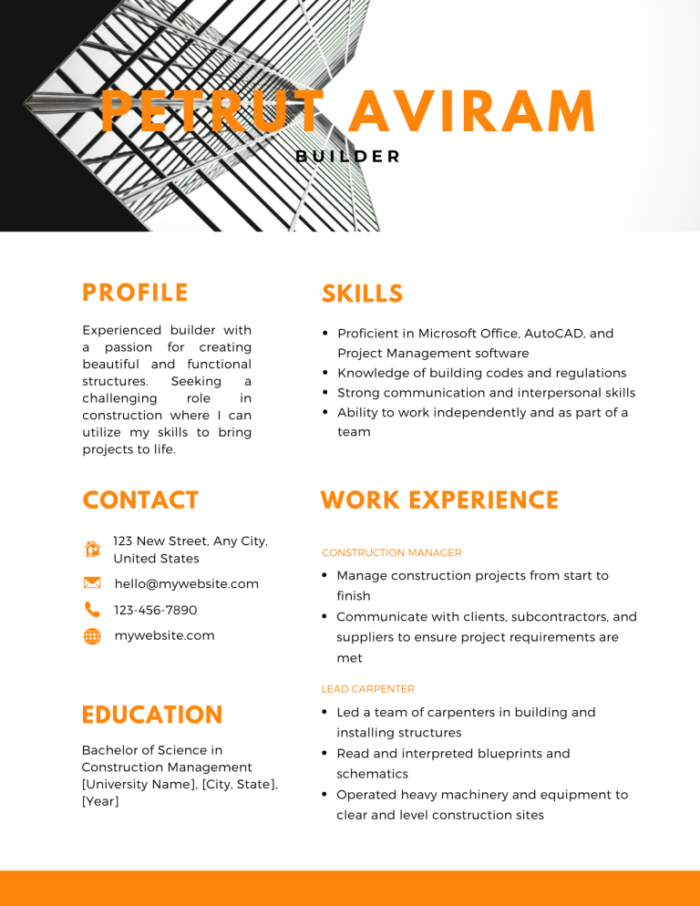 Builder Resume Template 2024 Download in Word, PDF