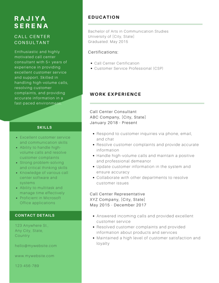 call center consultant resume example