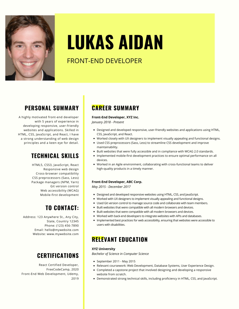 front-end developer resume template