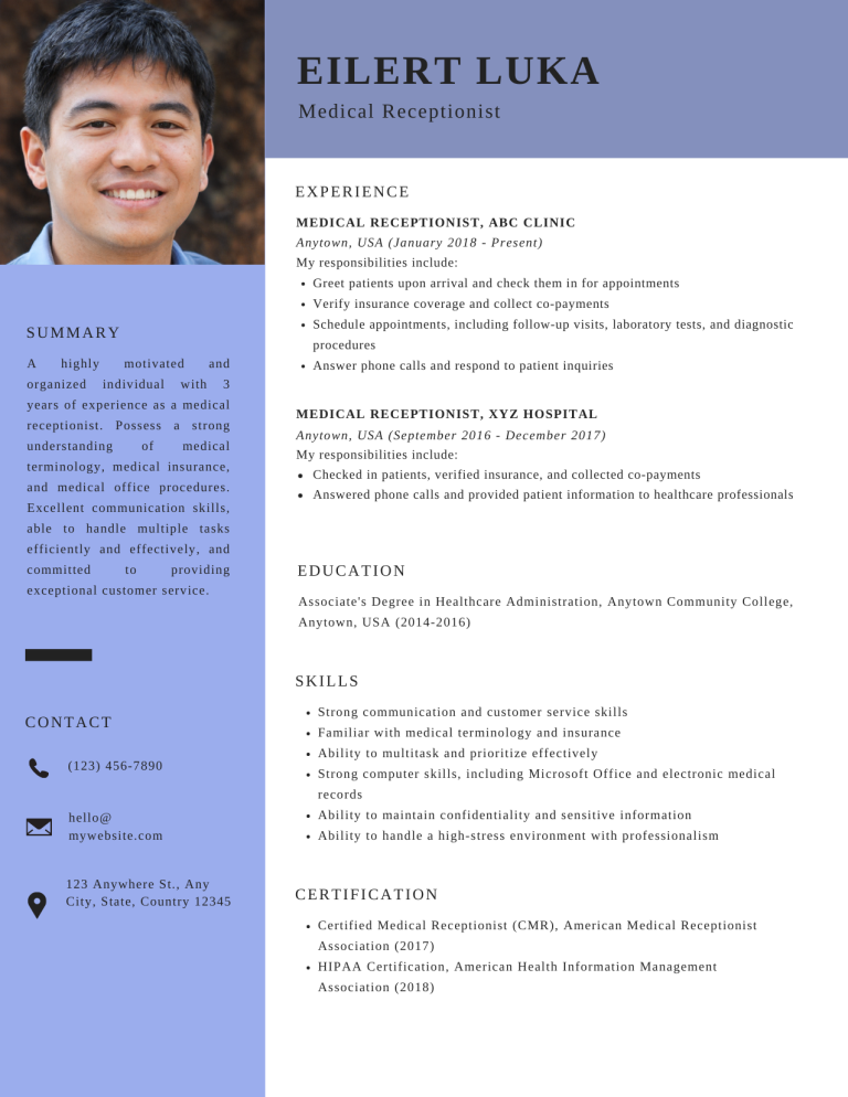 medical receptionist resume template