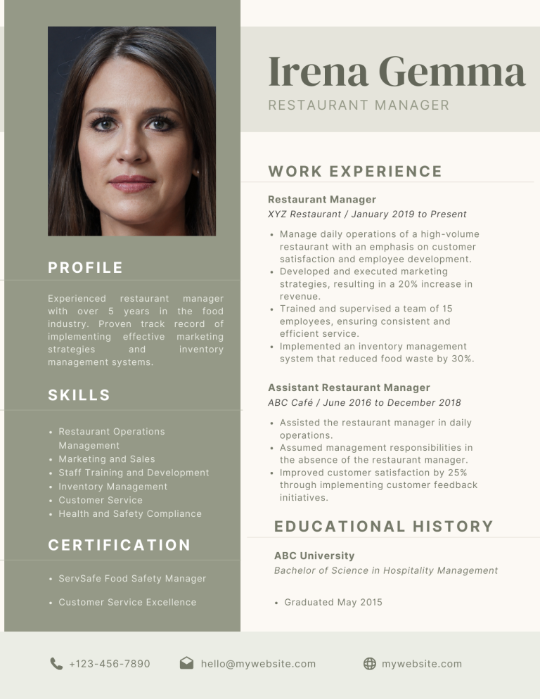 restaurant manager resume template